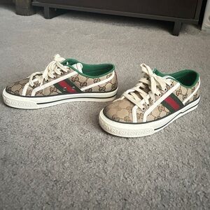 Gucci Beige Tan Brown Green Web Stripe GG Canvas Sneakers Woman’s Size 7